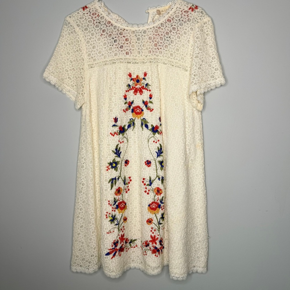 Altard State Womens XS Cream Lace Floral Embroidered Boho Shift Mini Dress